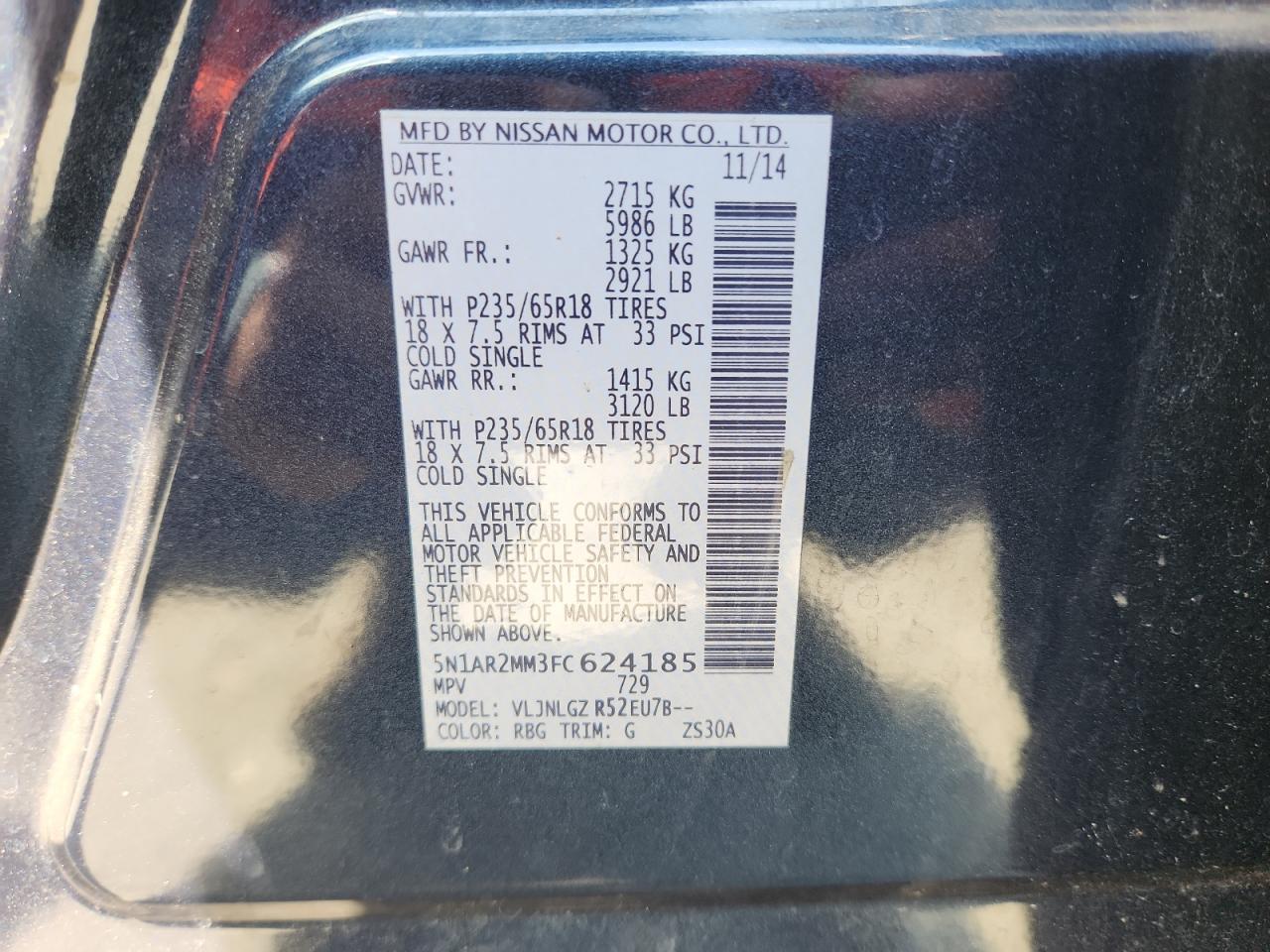 2015 Nissan Pathfinder S VIN: 5N1AR2MM3FC624185 Lot: 71712945