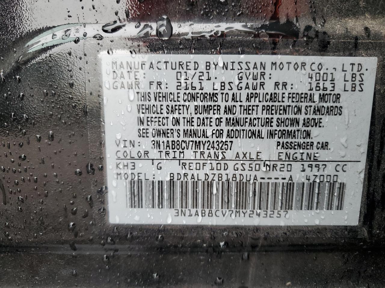 2021 Nissan Sentra Sv VIN: 3N1AB8CV7MY243257 Lot: 81604215