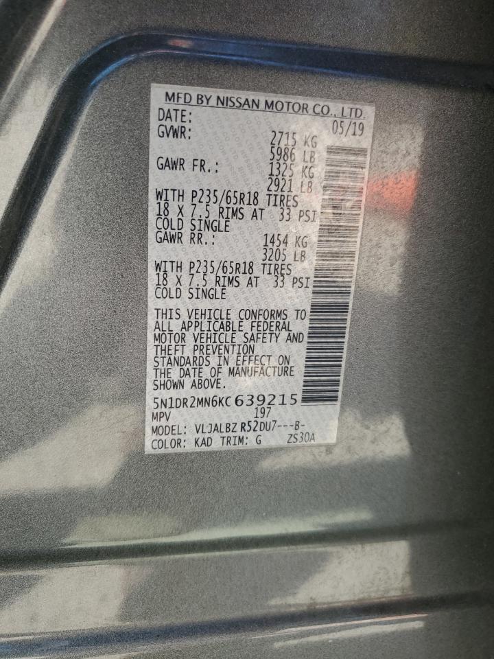2019 Nissan Pathfinder S VIN: 5N1DR2MN6KC639215 Lot: 71620455