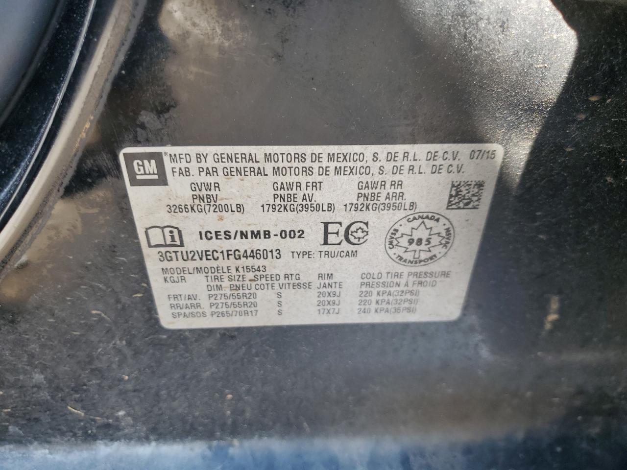 2015 GMC Sierra K1500 Slt VIN: 3GTU2VEC1FG446013 Lot: 72069605