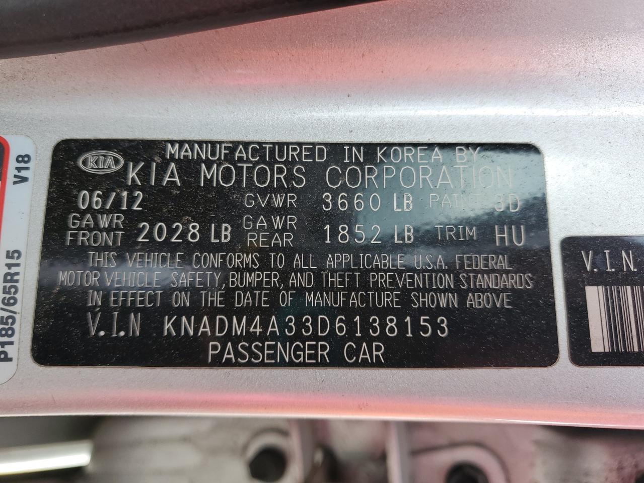 2013 Kia Rio Lx VIN: KNADM4A33D6138153 Lot: 81796825
