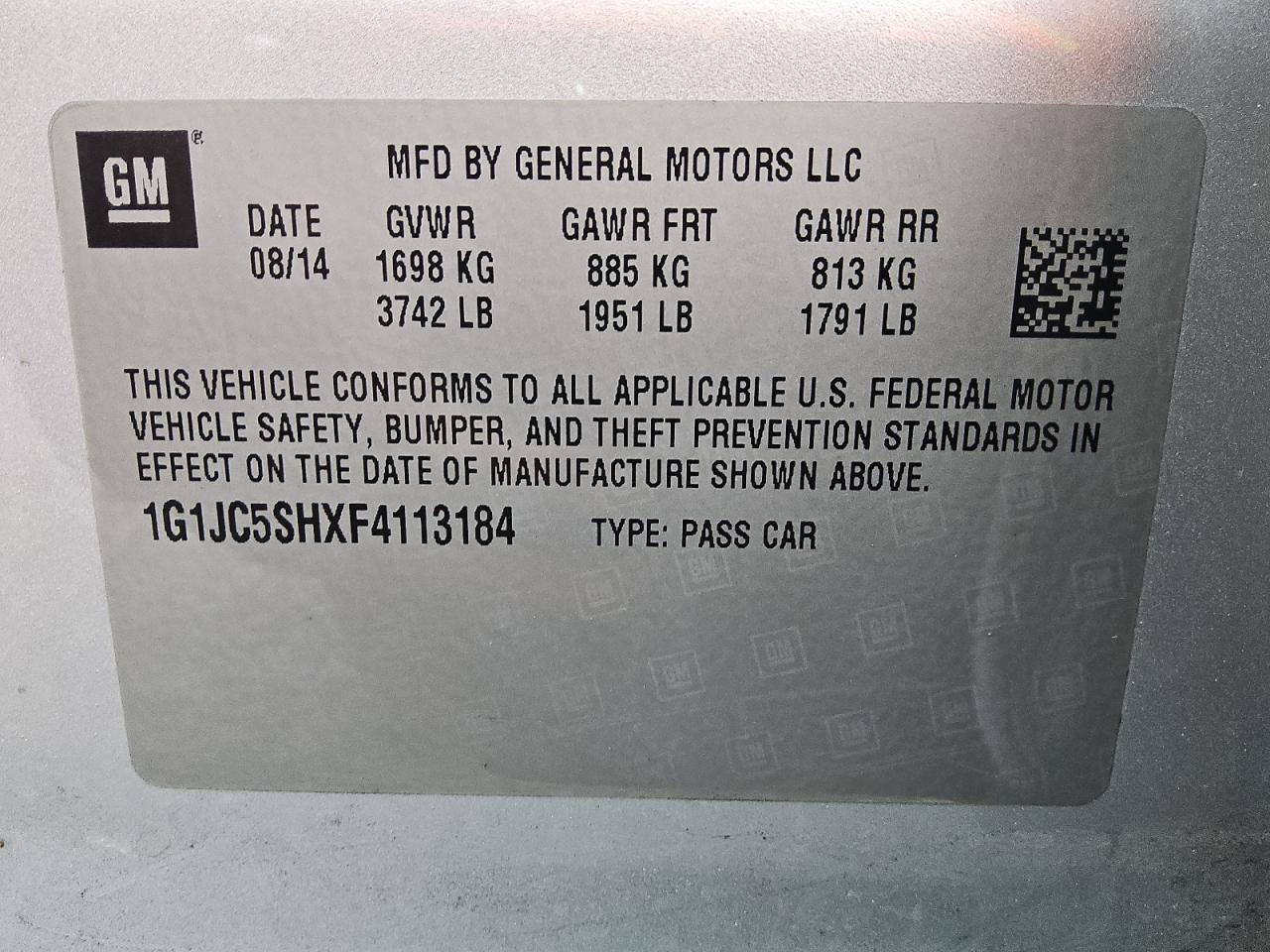 2015 Chevrolet Sonic Lt VIN: 1G1JC5SHXF4113184 Lot: 81031675