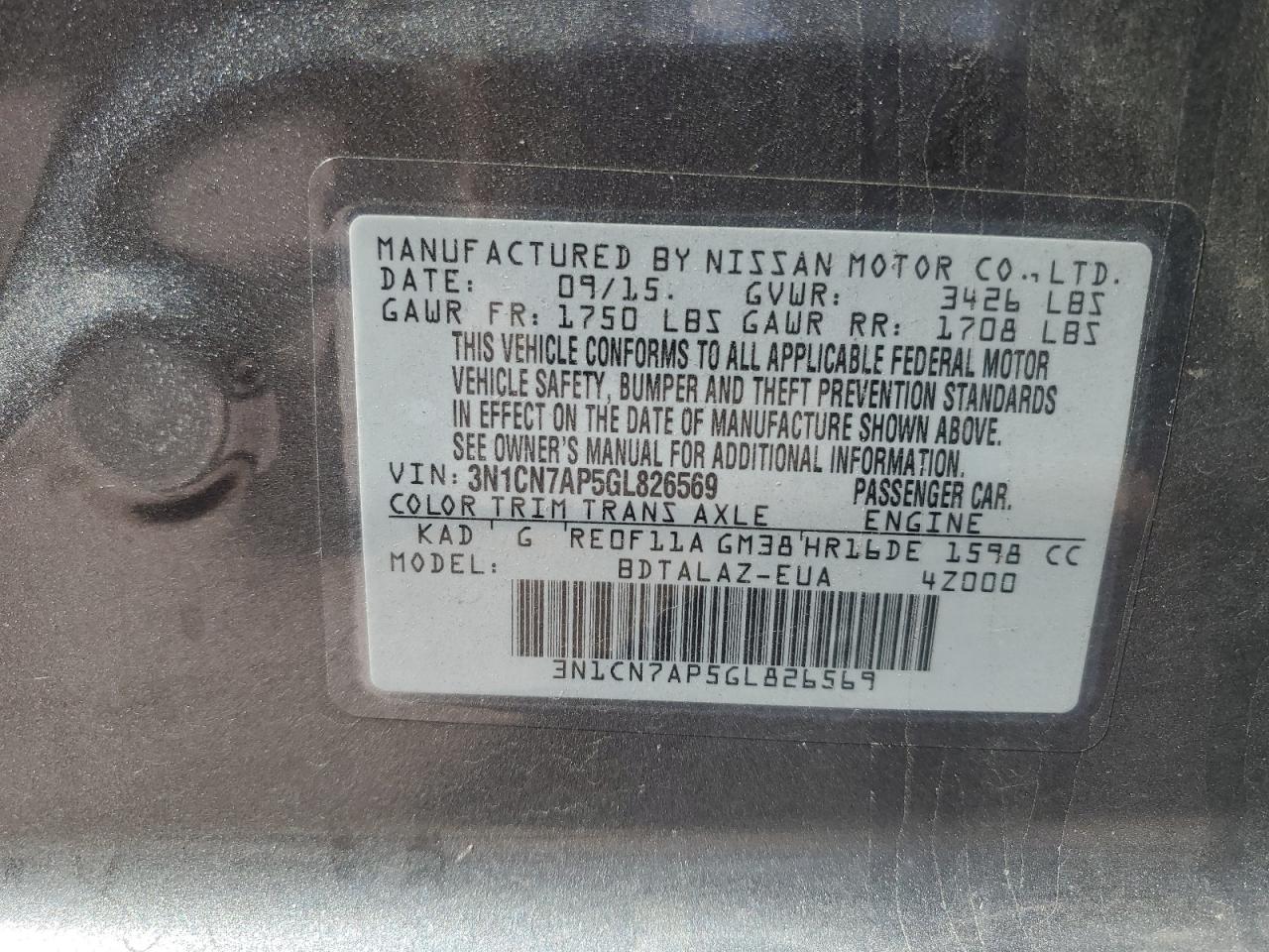 2016 Nissan Versa S VIN: 3N1CN7AP5GL826569 Lot: 80328215