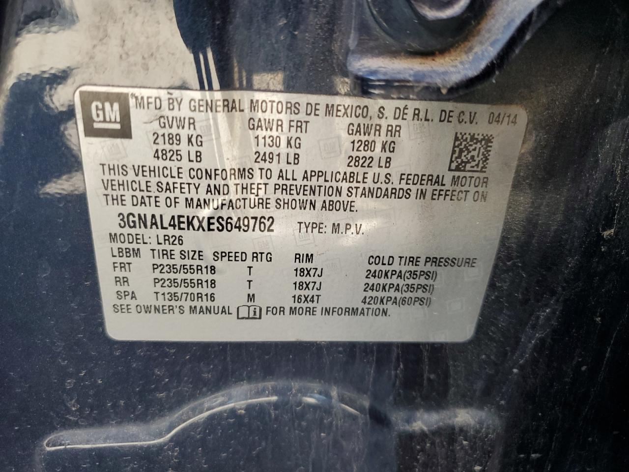 2014 Chevrolet Captiva Ltz VIN: 3GNAL4EKXES649762 Lot: 81508545