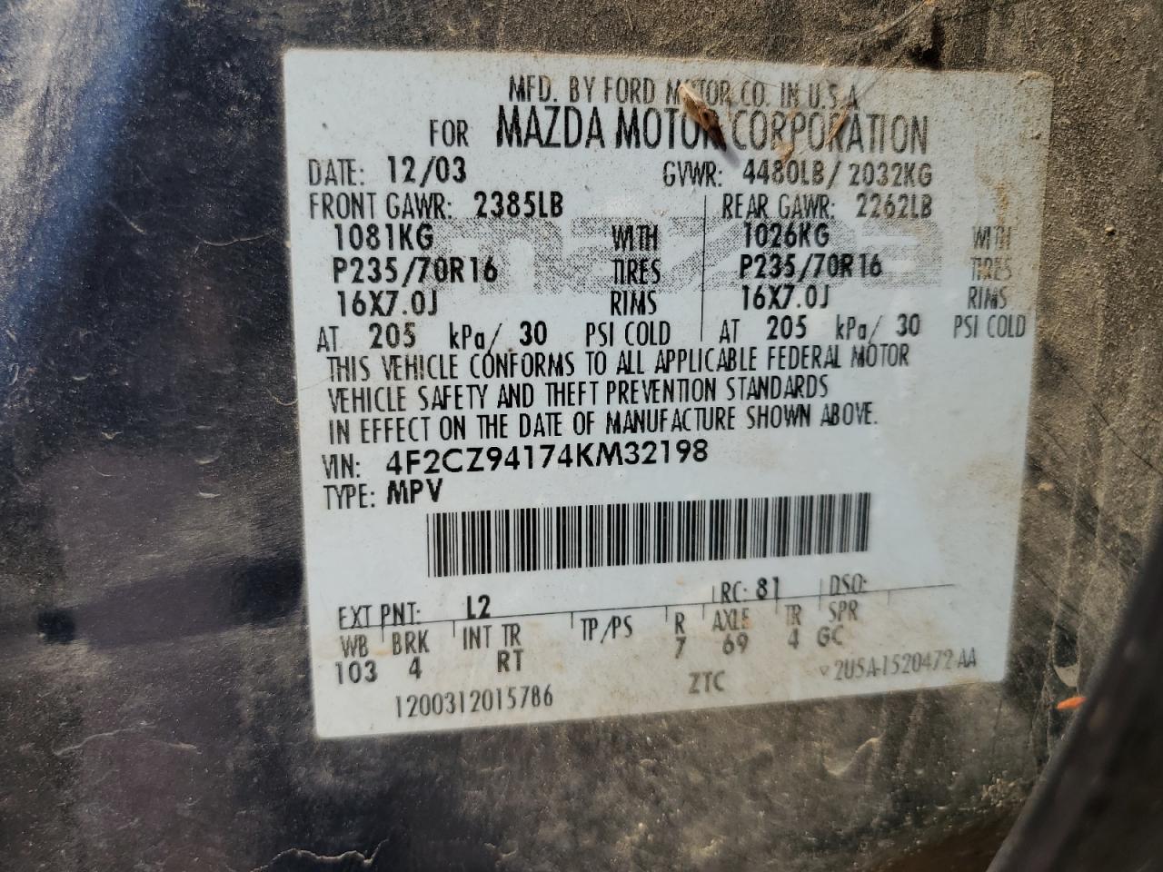 2004 Mazda Tribute Lx VIN: 4F2CZ94174KM32198 Lot: 81402895