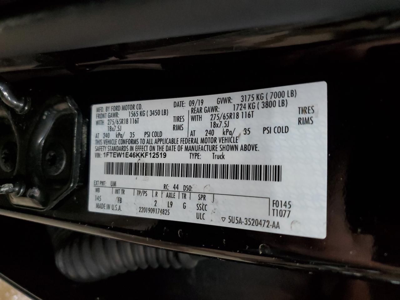 2019 Ford F150 Supercrew VIN: 1FTEW1E46KKF12519 Lot: 71524265