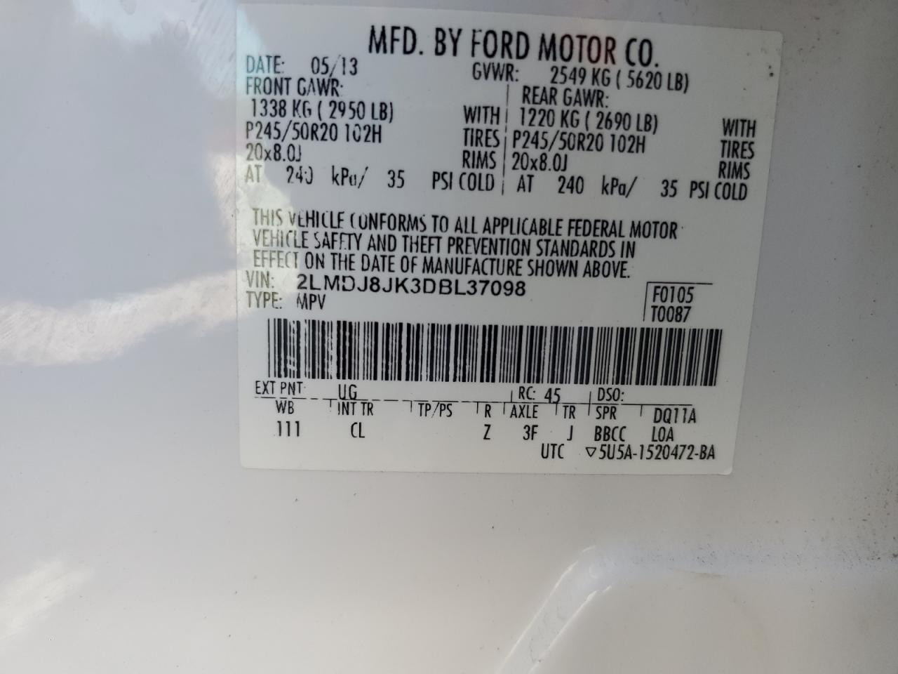 2013 Lincoln Mkx VIN: 2LMDJ8JK3DBL37098 Lot: 81897695