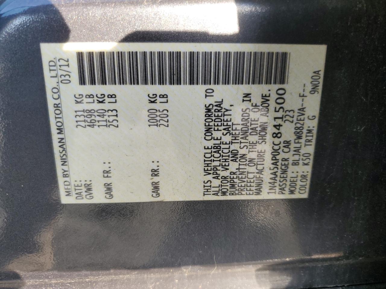 2012 Nissan Maxima S VIN: 1N4AA5AP0CC841500 Lot: 85529665