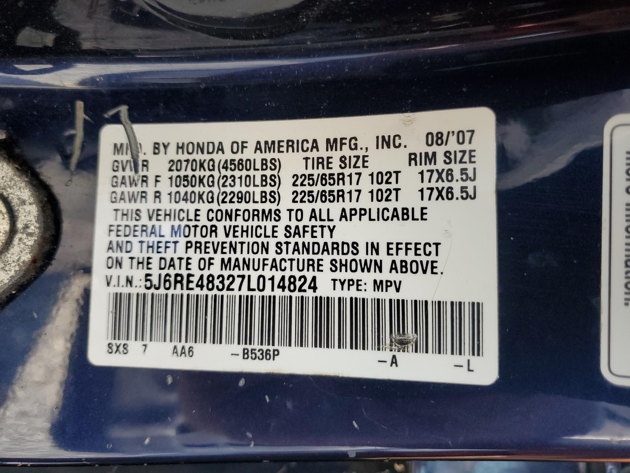 2007 Honda Cr-V Lx VIN: 5J6RE48327L014824 Lot: 72044465