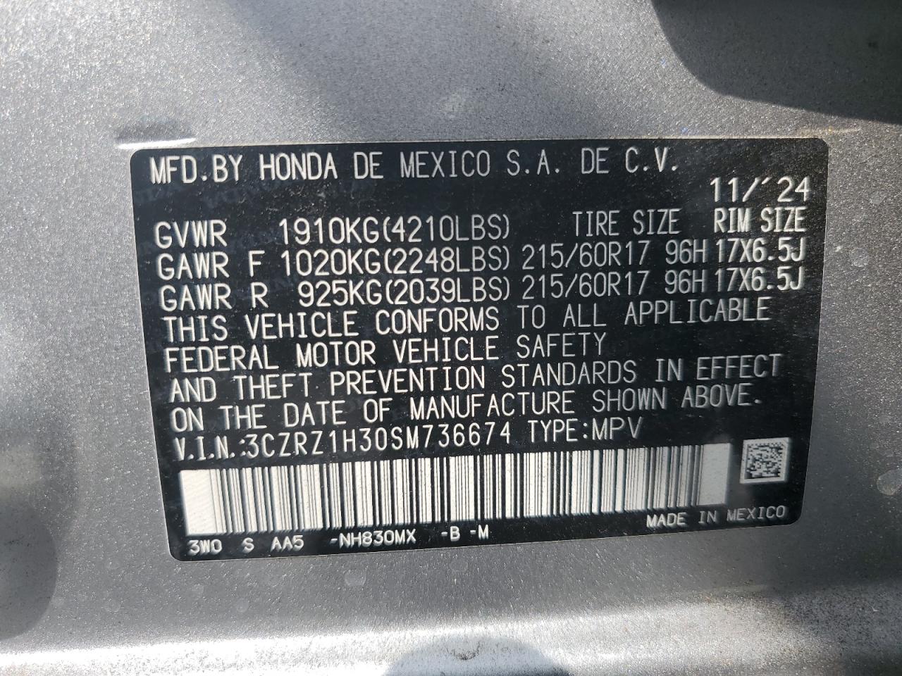 2025 Honda Hr-V Lx VIN: 3CZRZ1H30SM736674 Lot: 84296215