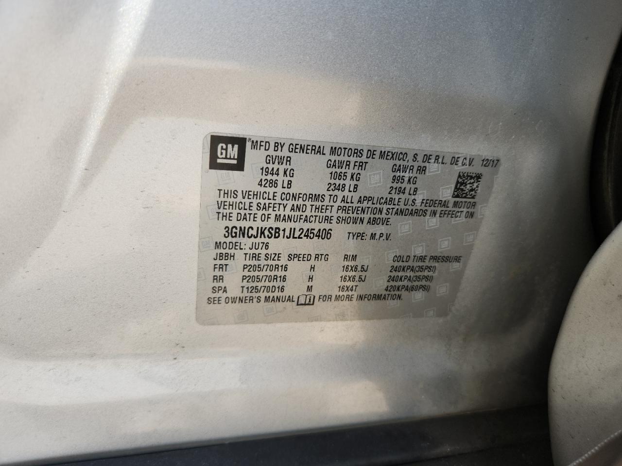 2018 Chevrolet Trax Ls VIN: 3GNCJKSB1JL245406 Lot: 71591095