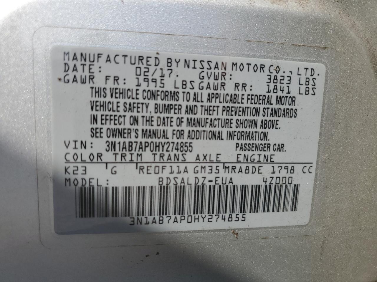 2017 Nissan Sentra S VIN: 3N1AB7AP0HY274855 Lot: 81691585