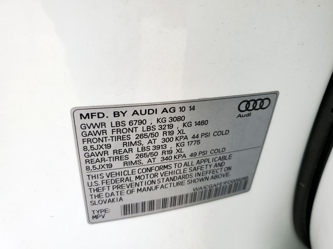 2015 Audi Q7 Premium VIN: WA1CGAFE1FD009285 Lot: 81704895