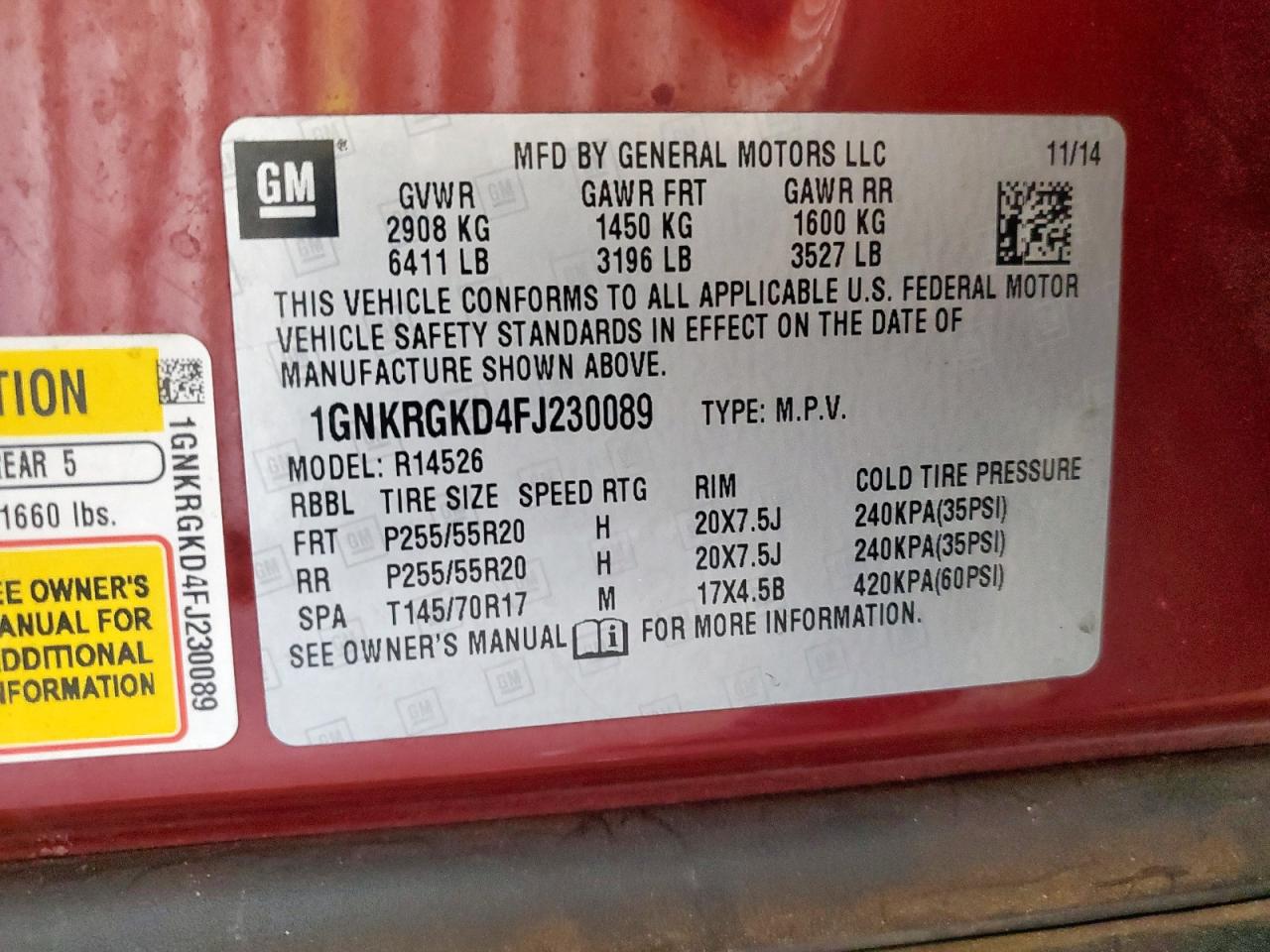 2015 Chevrolet Traverse Lt VIN: 1GNKRGKD4FJ230089 Lot: 83820945