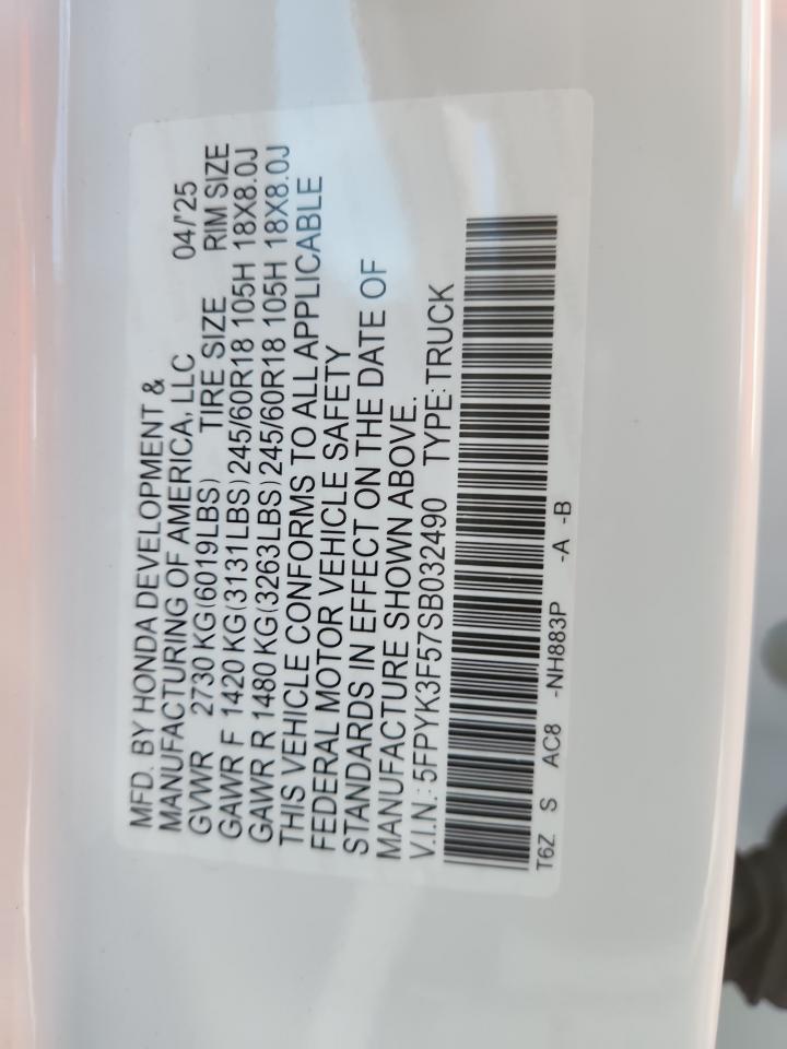 2025 Honda Ridgeline Rtl VIN: 5FPYK3F57SB032490 Lot: 84411665