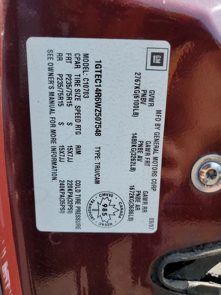 1998 GMC Sierra C1500 VIN: 1GTEC14R6WZ507548 Lot: 72058845