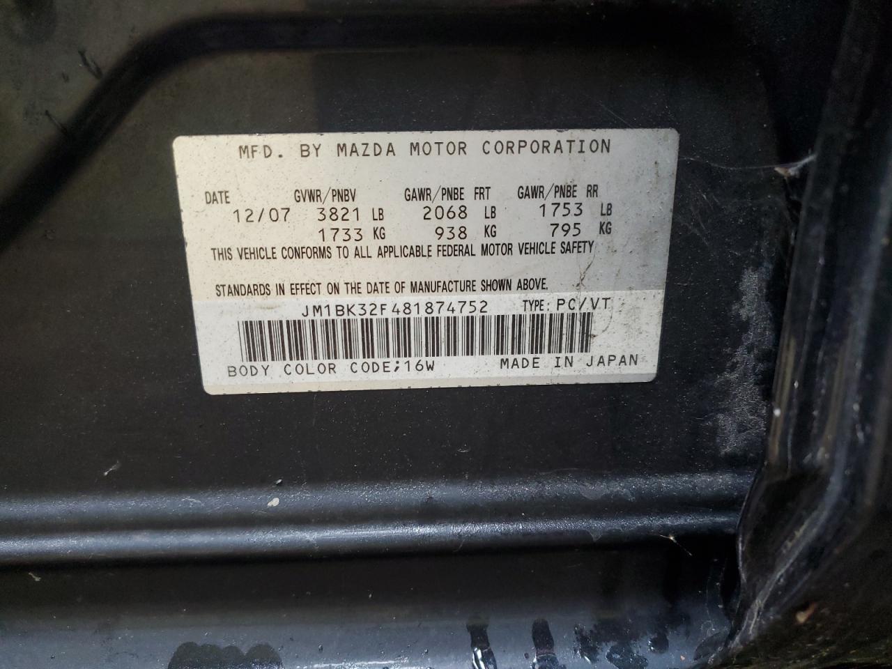 2008 Mazda 3 I VIN: JM1BK32F481874752 Lot: 81580255