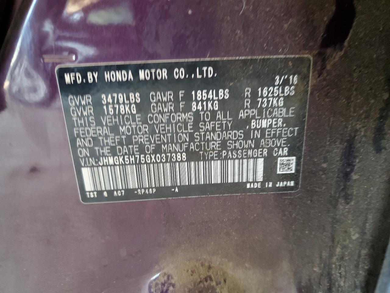 2016 Honda Fit Ex VIN: JHMGK5H75GX037388 Lot: 84203905