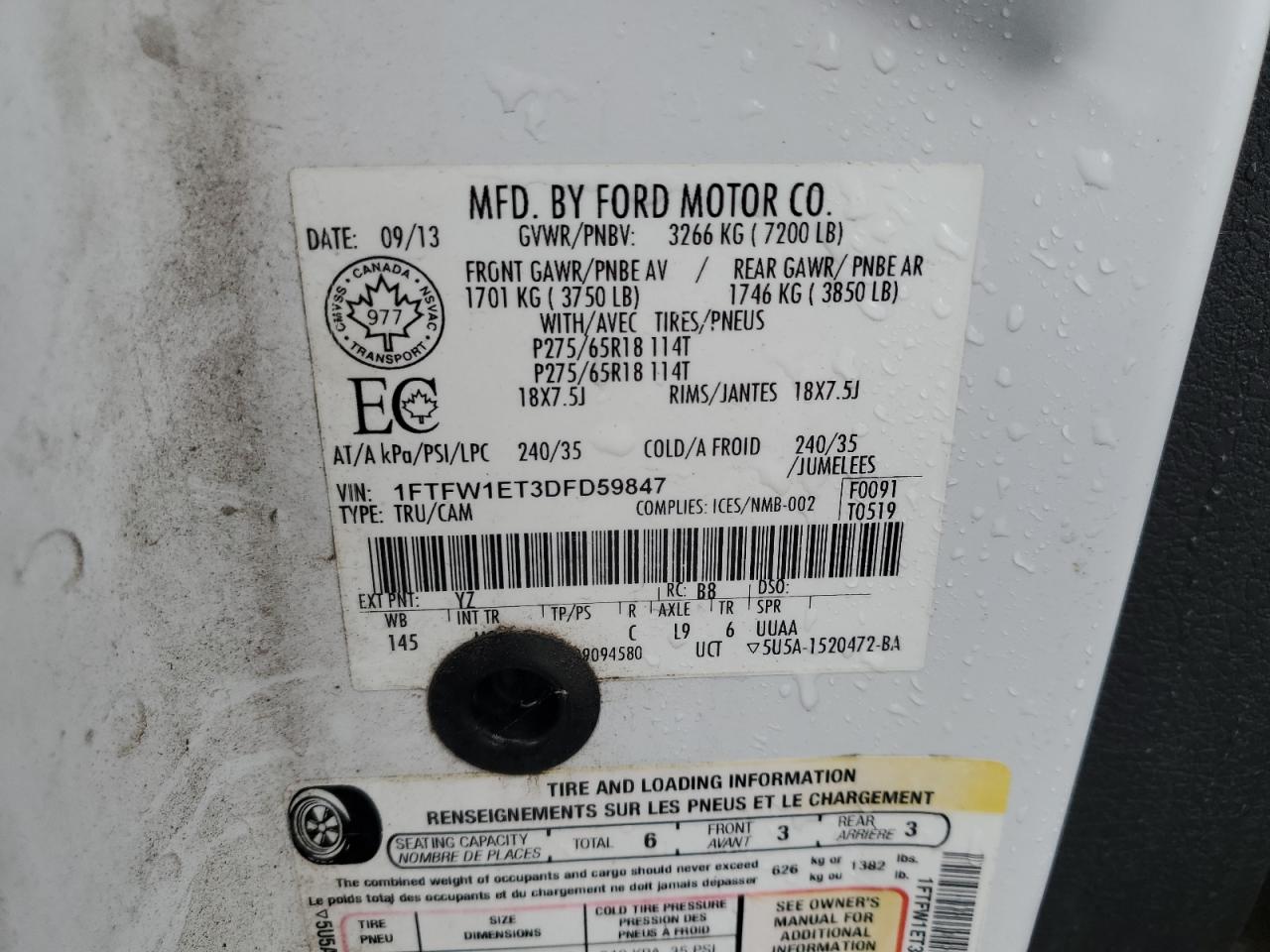 2013 Ford F150 Supercrew VIN: 1FTFW1ET3DFD59847 Lot: 83817385