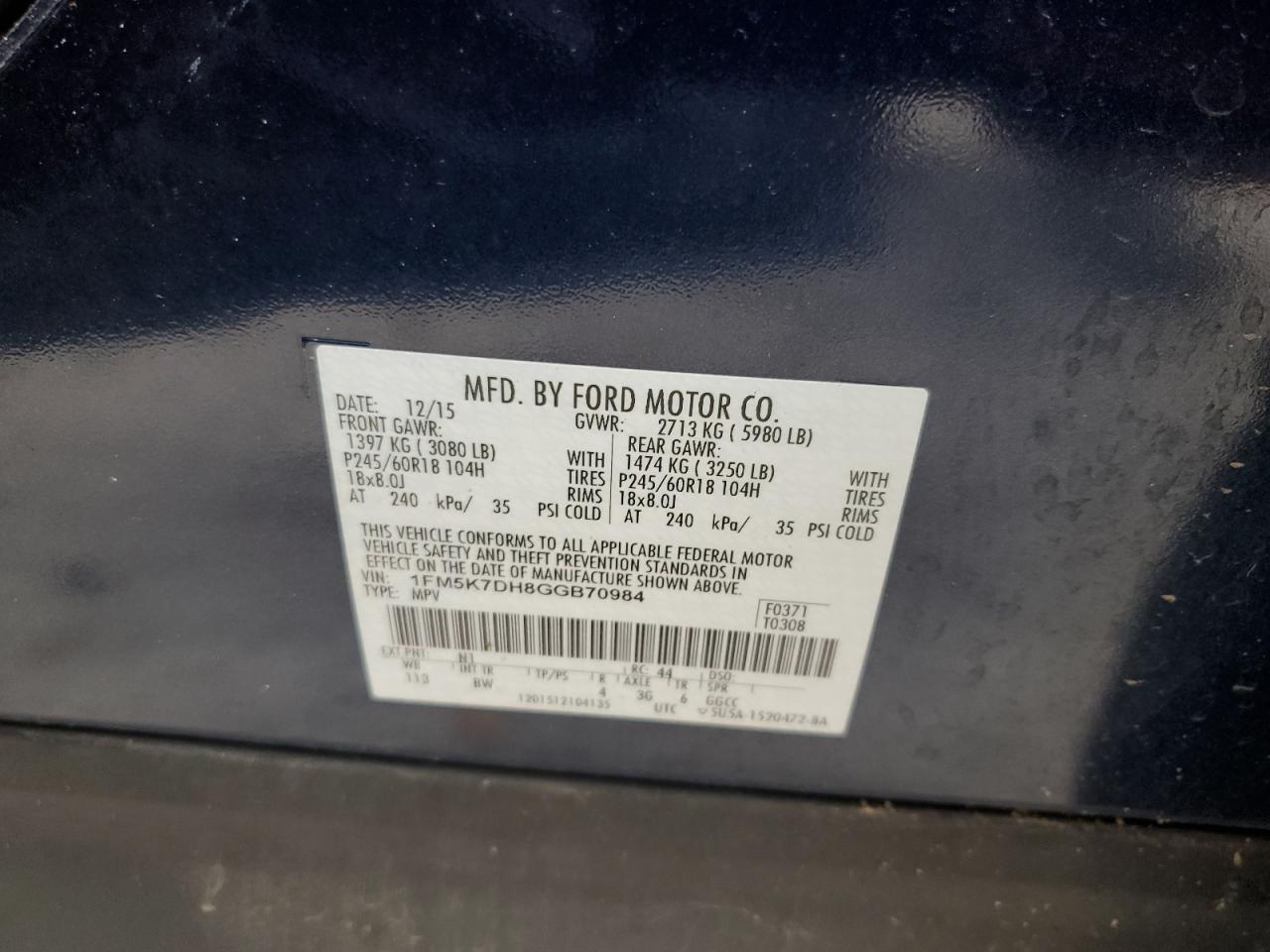 2016 Ford Explorer Xlt VIN: 1FM5K7DH8GGB70984 Lot: 72039135