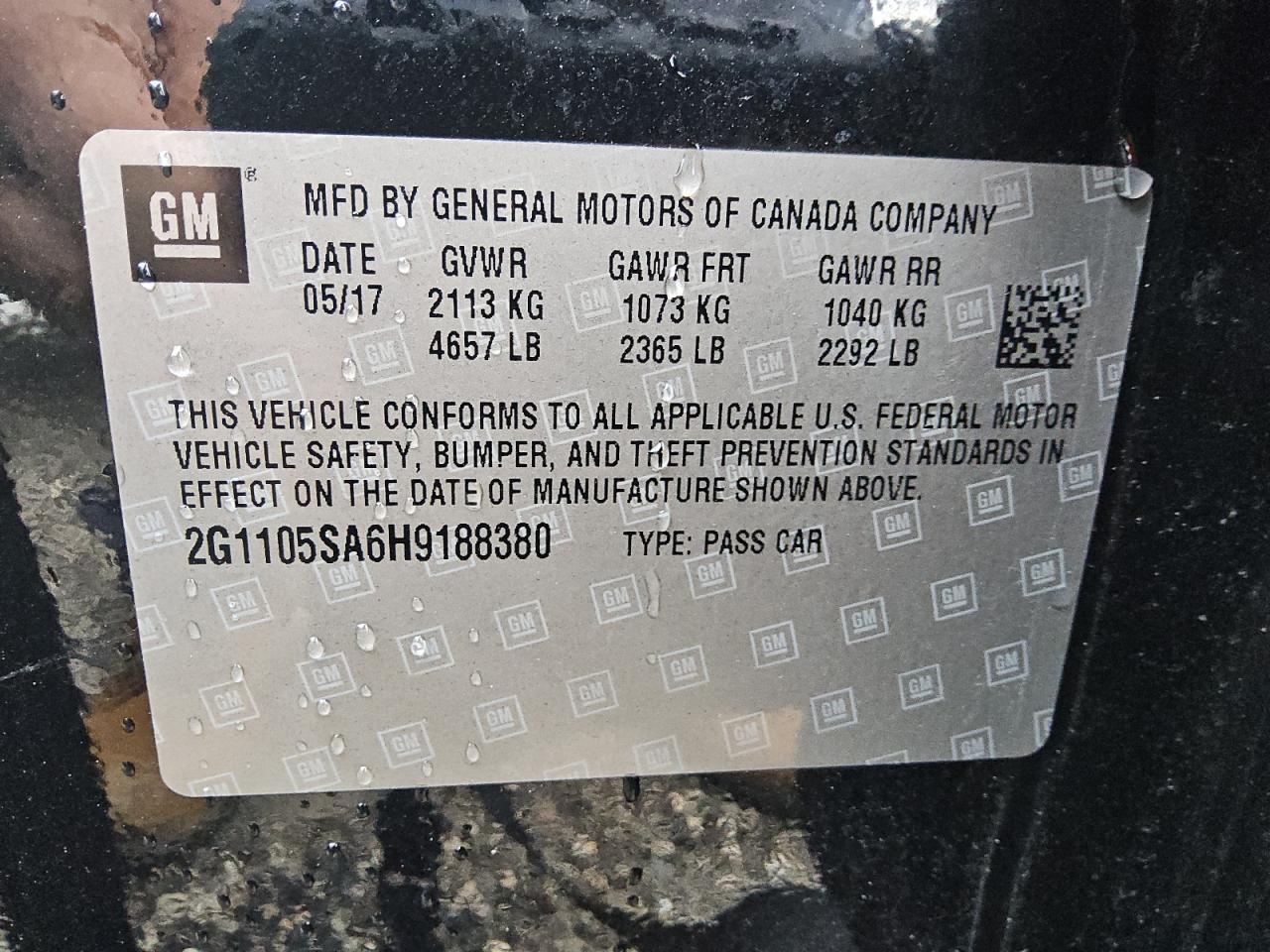 2017 Chevrolet Impala Lt VIN: 2G1105SA6H9188380 Lot: 71535495