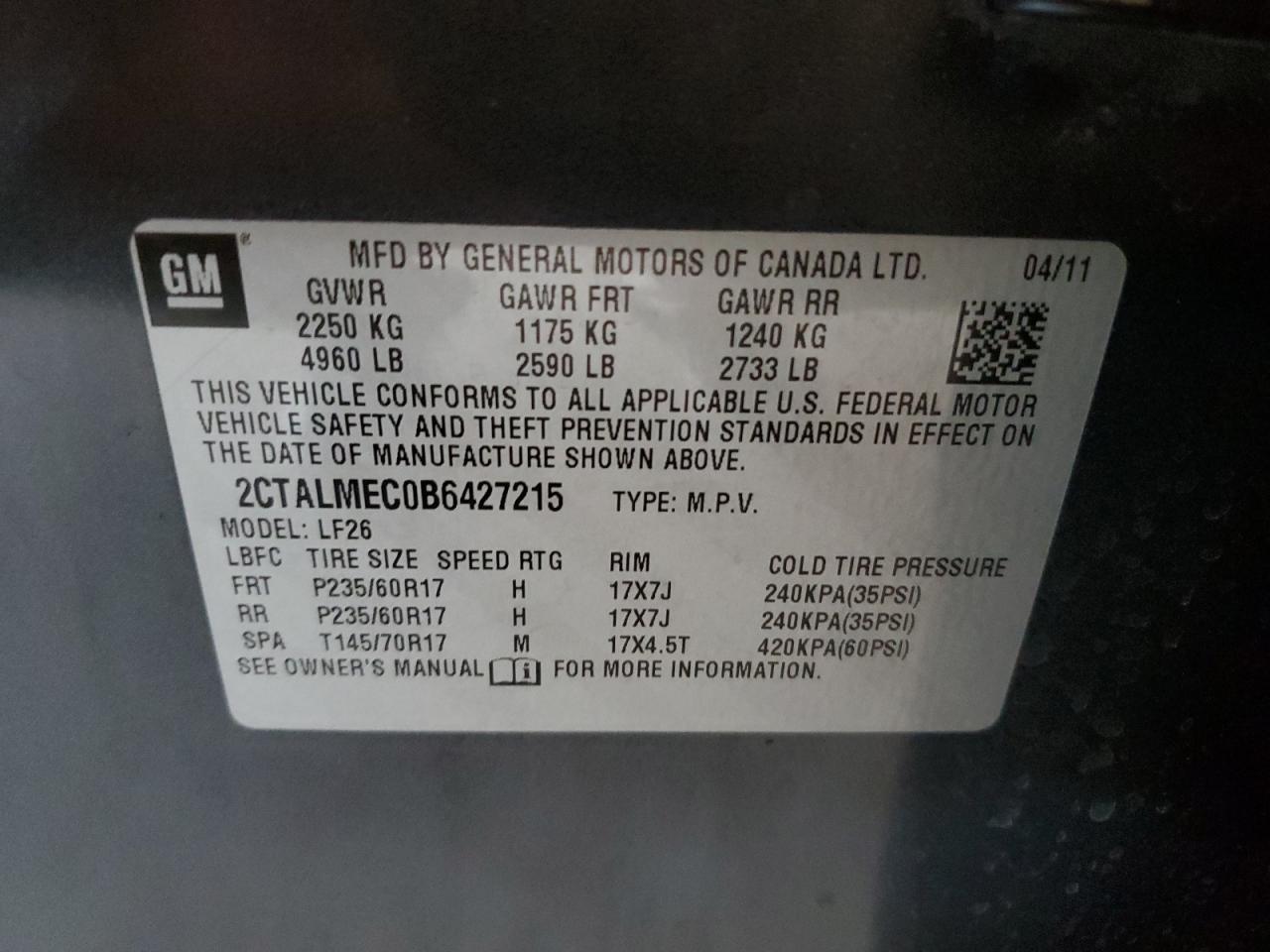 2011 GMC Terrain Sle VIN: 2CTALMEC0B6427215 Lot: 84227665