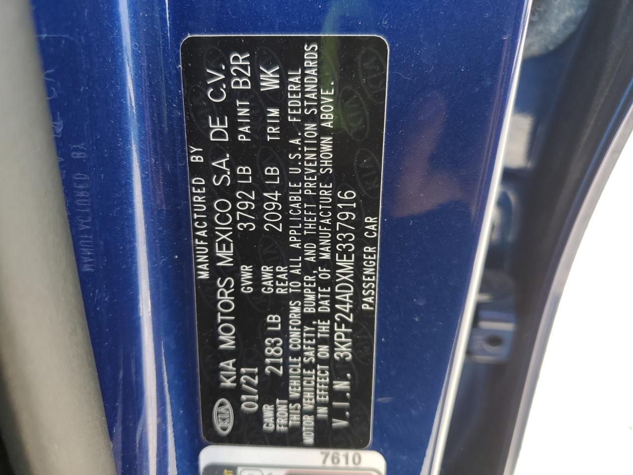 2021 Kia Forte Fe VIN: 3KPF24ADXME337916 Lot: 84695485