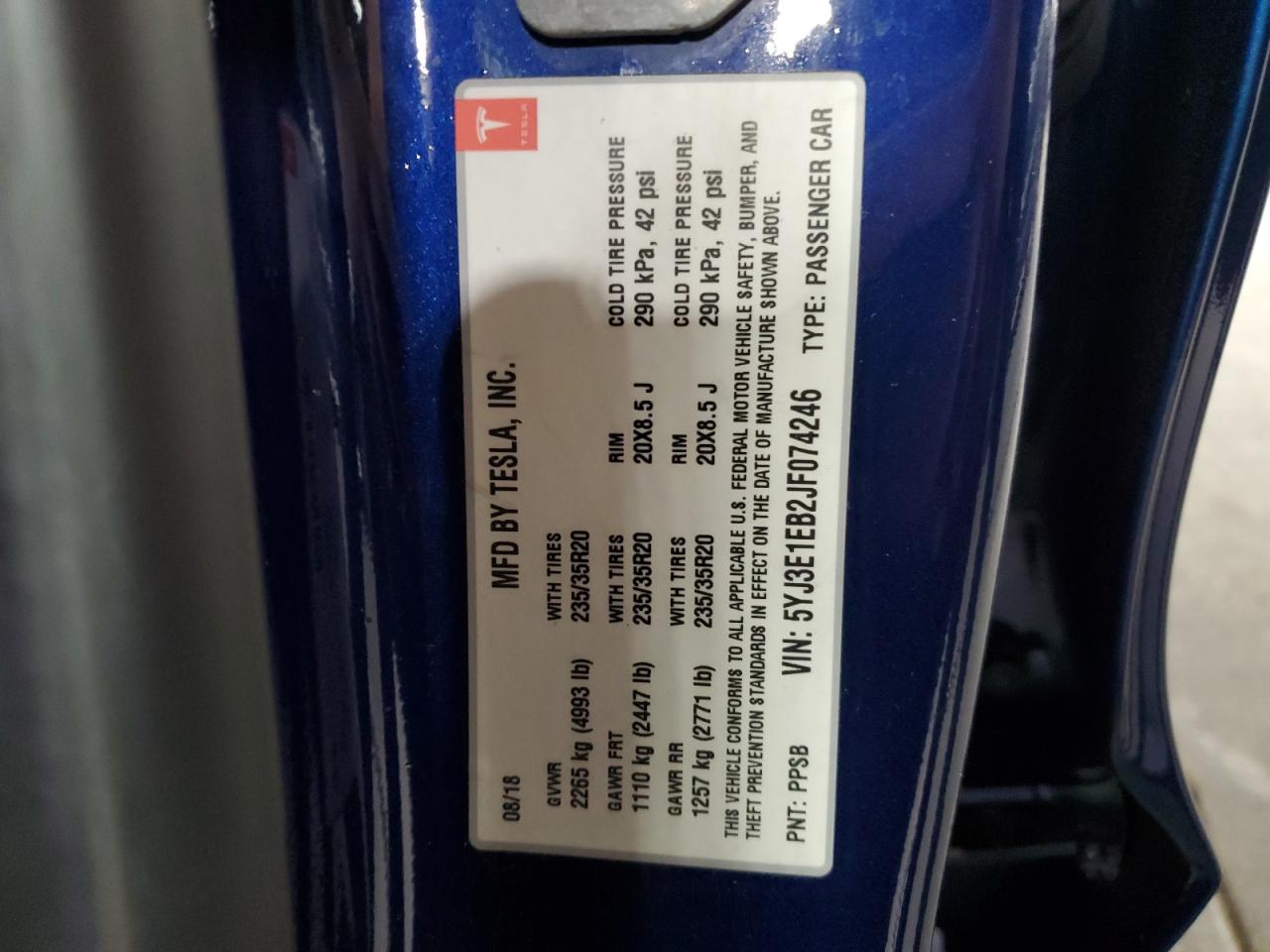 2018 Tesla Model 3 VIN: 5YJ3E1EB2JF074246 Lot: 81280605