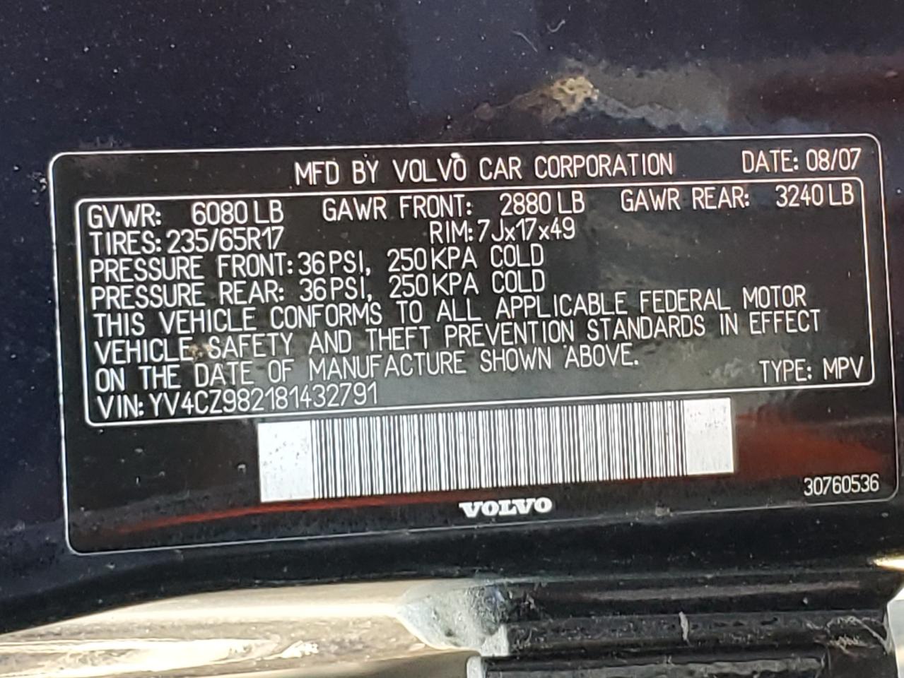 2008 Volvo Xc90 3.2 VIN: YV4CZ982181432791 Lot: 70777605