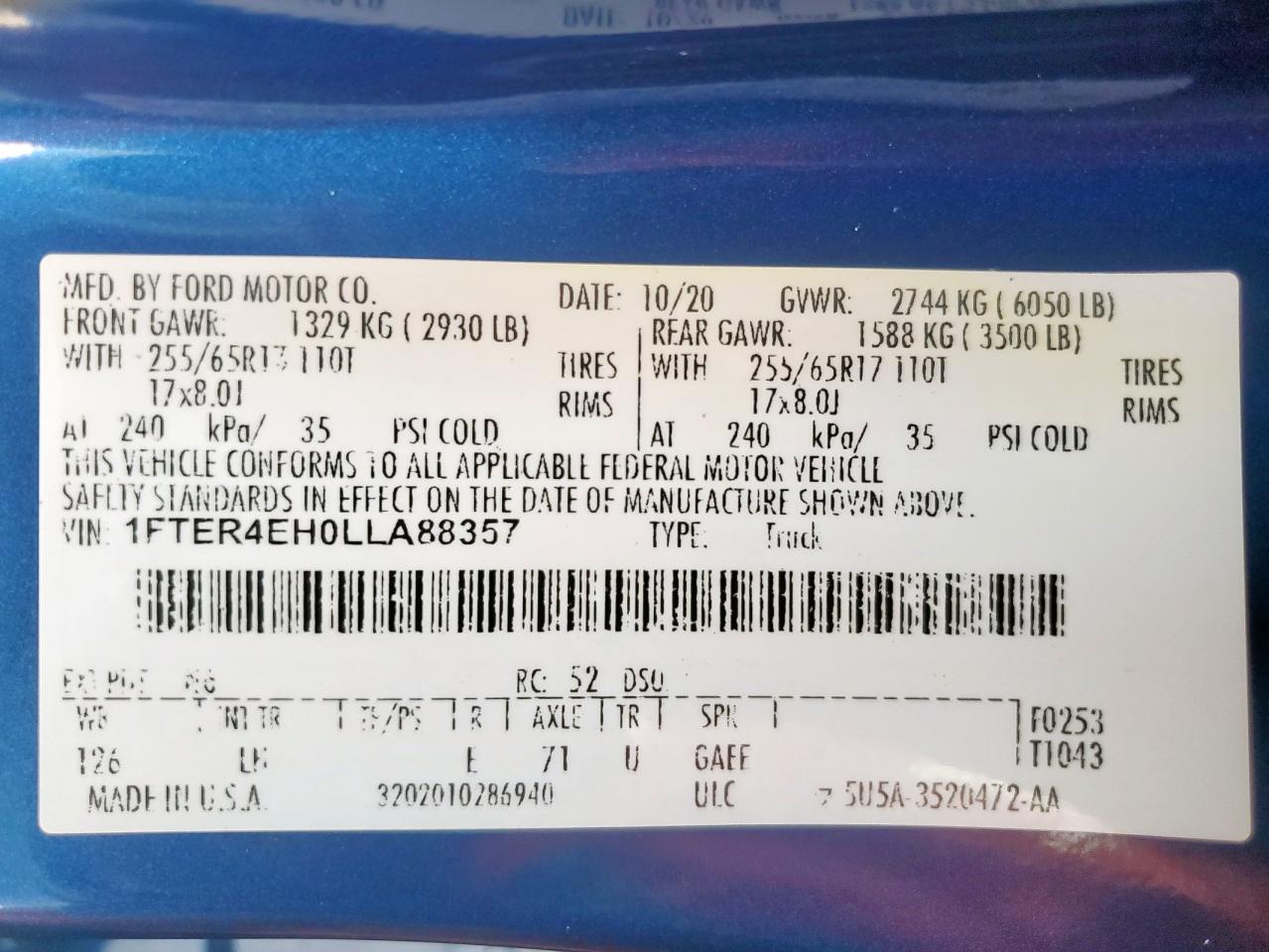 2020 Ford Ranger Xl VIN: 1FTER4EH0LLA88357 Lot: 81598685