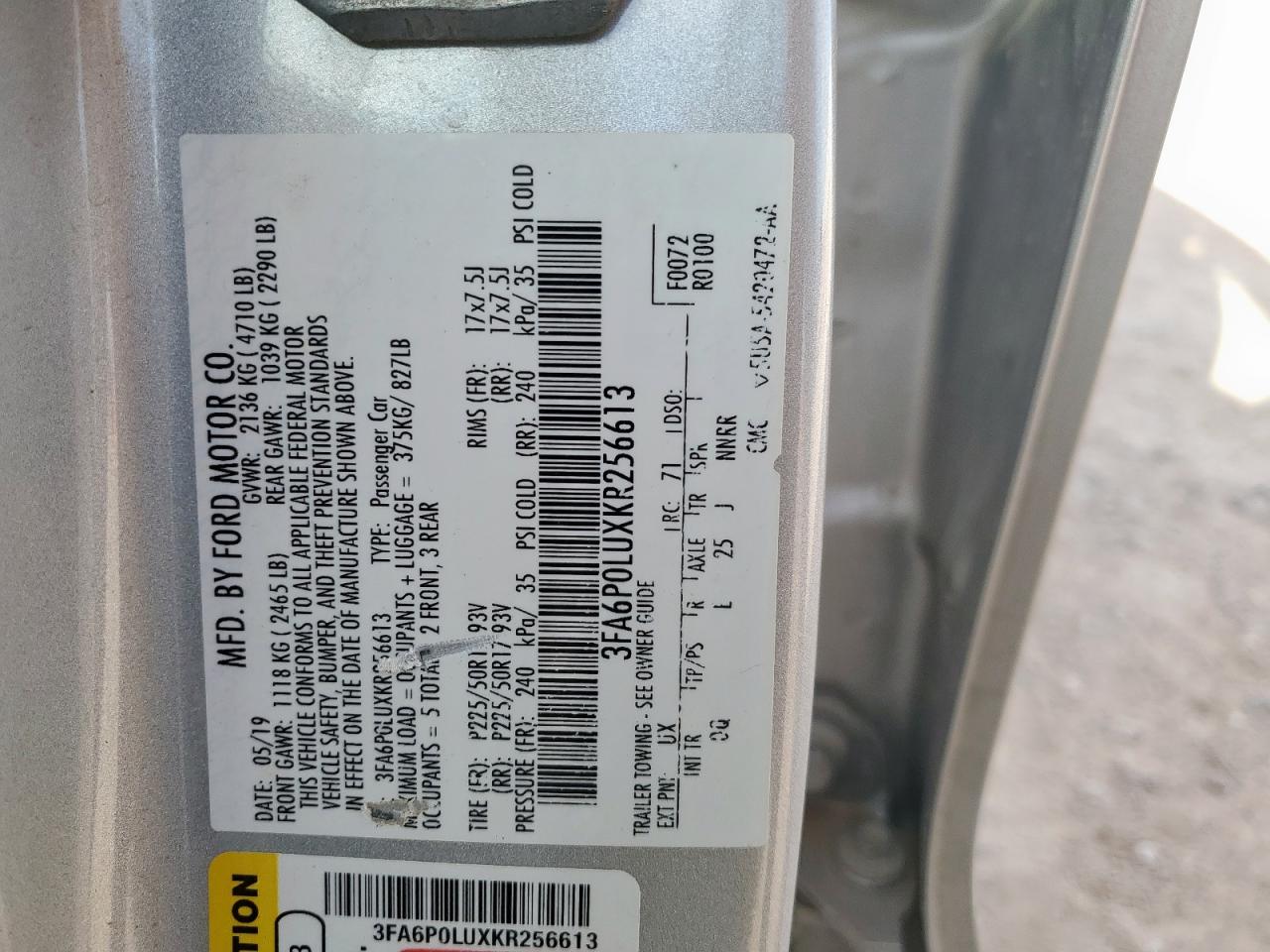 2019 Ford Fusion Se VIN: 3FA6P0LUXKR256613 Lot: 84398415