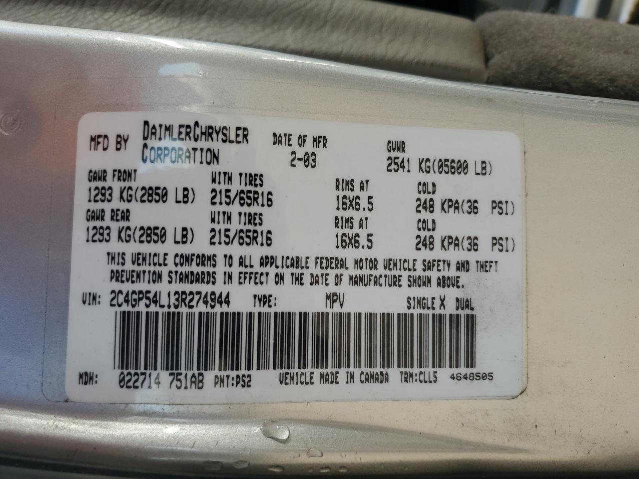 2003 Chrysler Town & Country Lxi VIN: 2C4GP54L13R274944 Lot: 80628605