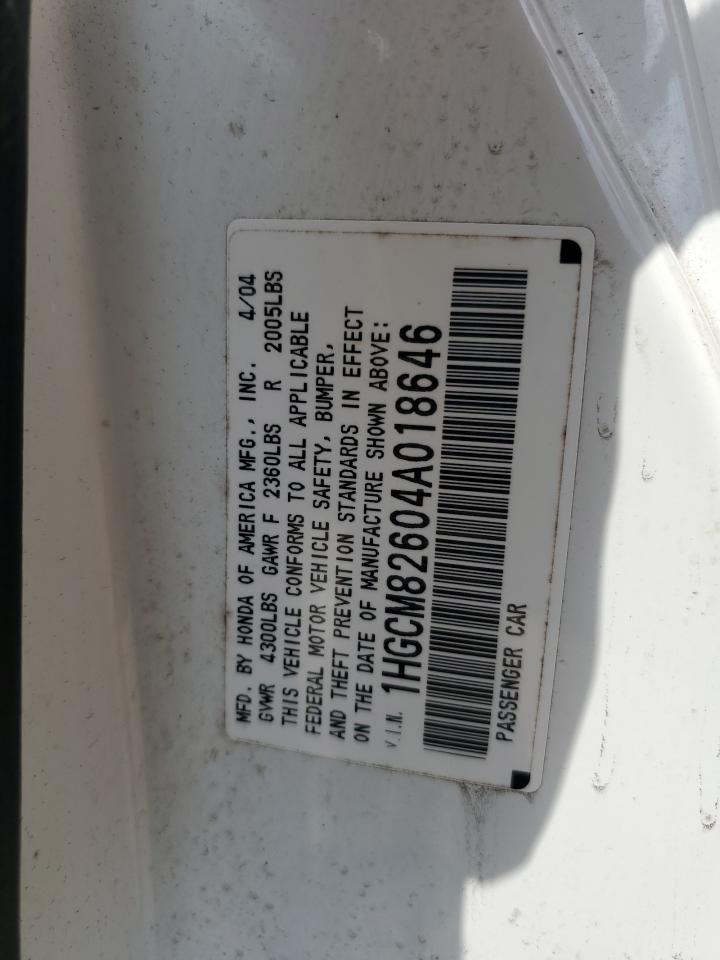2004 Honda Accord Ex VIN: 1HGCM82604A018646 Lot: 80630715