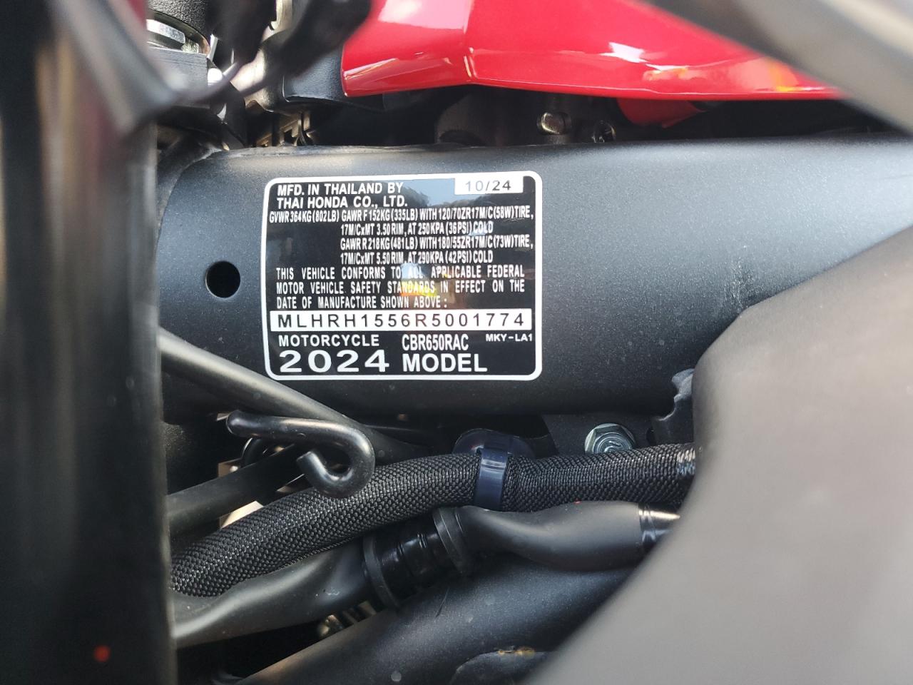 2024 Honda Cbr650 R VIN: MLHRH1556R5001774 Lot: 84202695