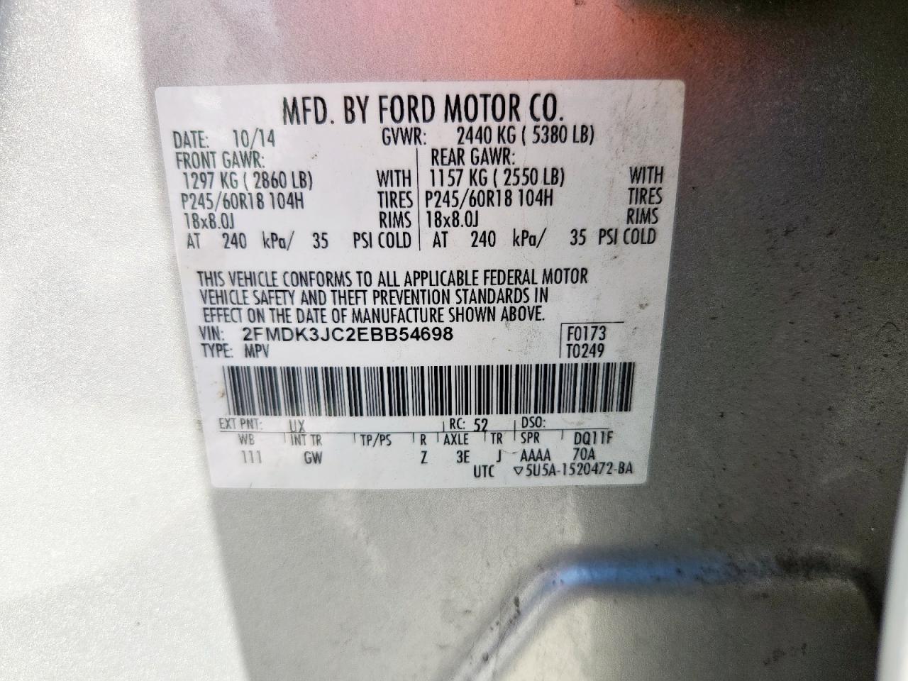 2014 Ford Edge Sel VIN: 2FMDK3JC2EBB54698 Lot: 84002755