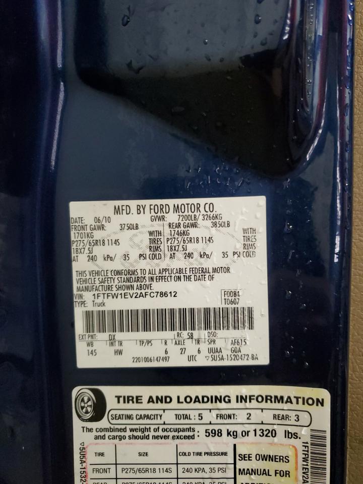 2010 Ford F150 Supercrew VIN: 1FTFW1EV2AFC78612 Lot: 81329255