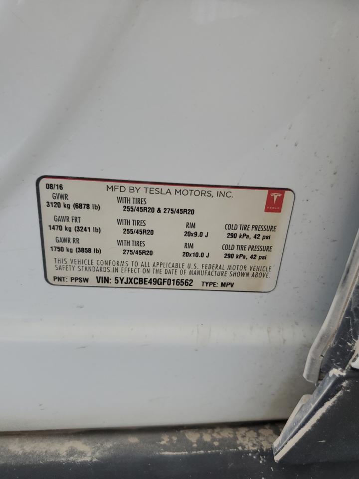 2016 Tesla Model X VIN: 5YJXCBE49GF016562 Lot: 80790175