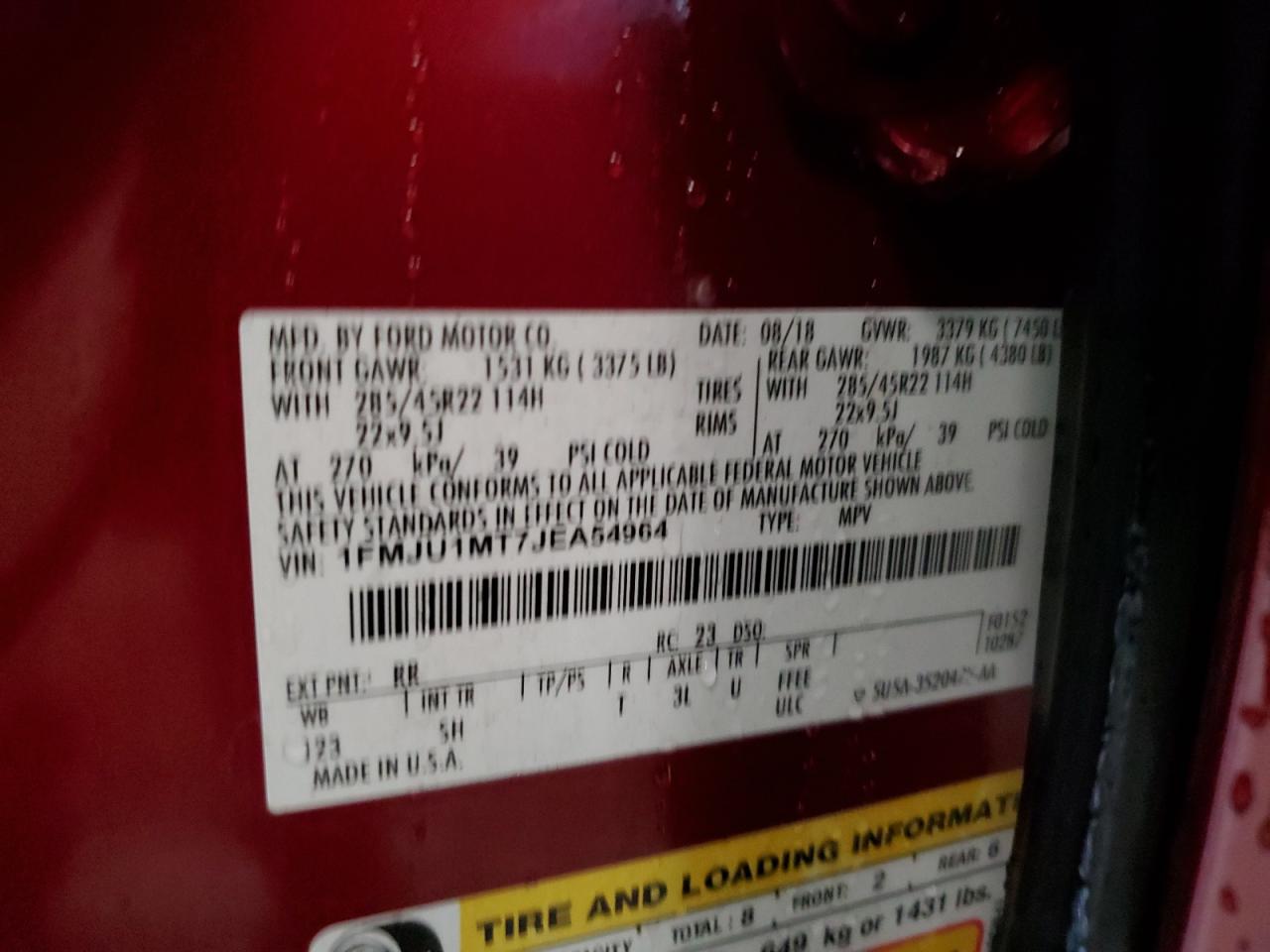 2018 Ford Expedition Platinum VIN: 1FMJU1MT7JEA54964 Lot: 81776905