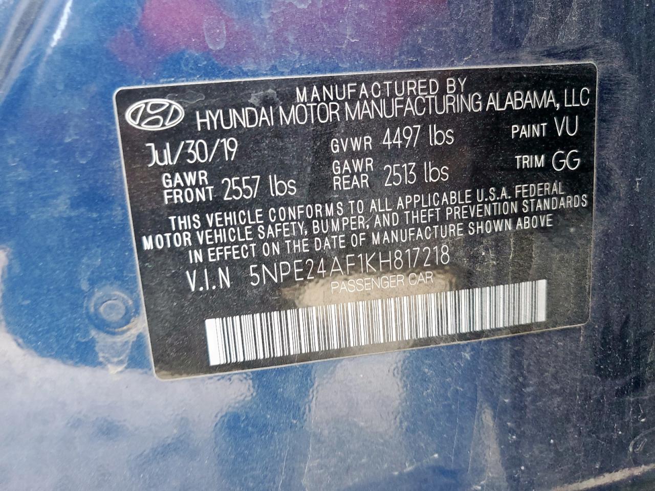 2019 Hyundai Sonata Se VIN: 5NPE24AF1KH817218 Lot: 82076775