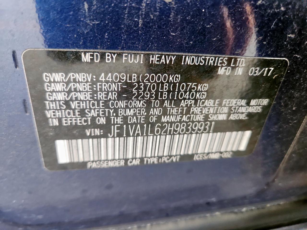 2017 Subaru Wrx Limited VIN: JF1VA1L62H9839931 Lot: 80027675