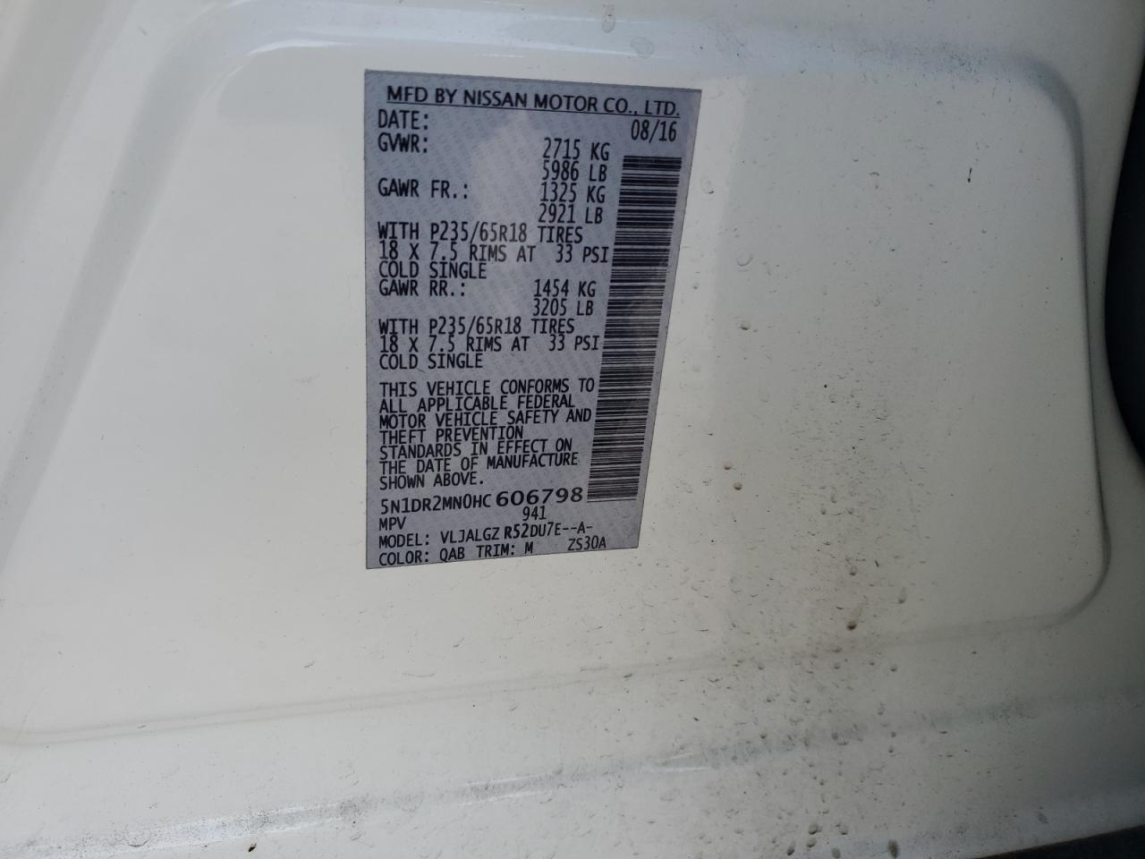 2017 Nissan Pathfinder S VIN: 5N1DR2MN0HC606798 Lot: 71788085