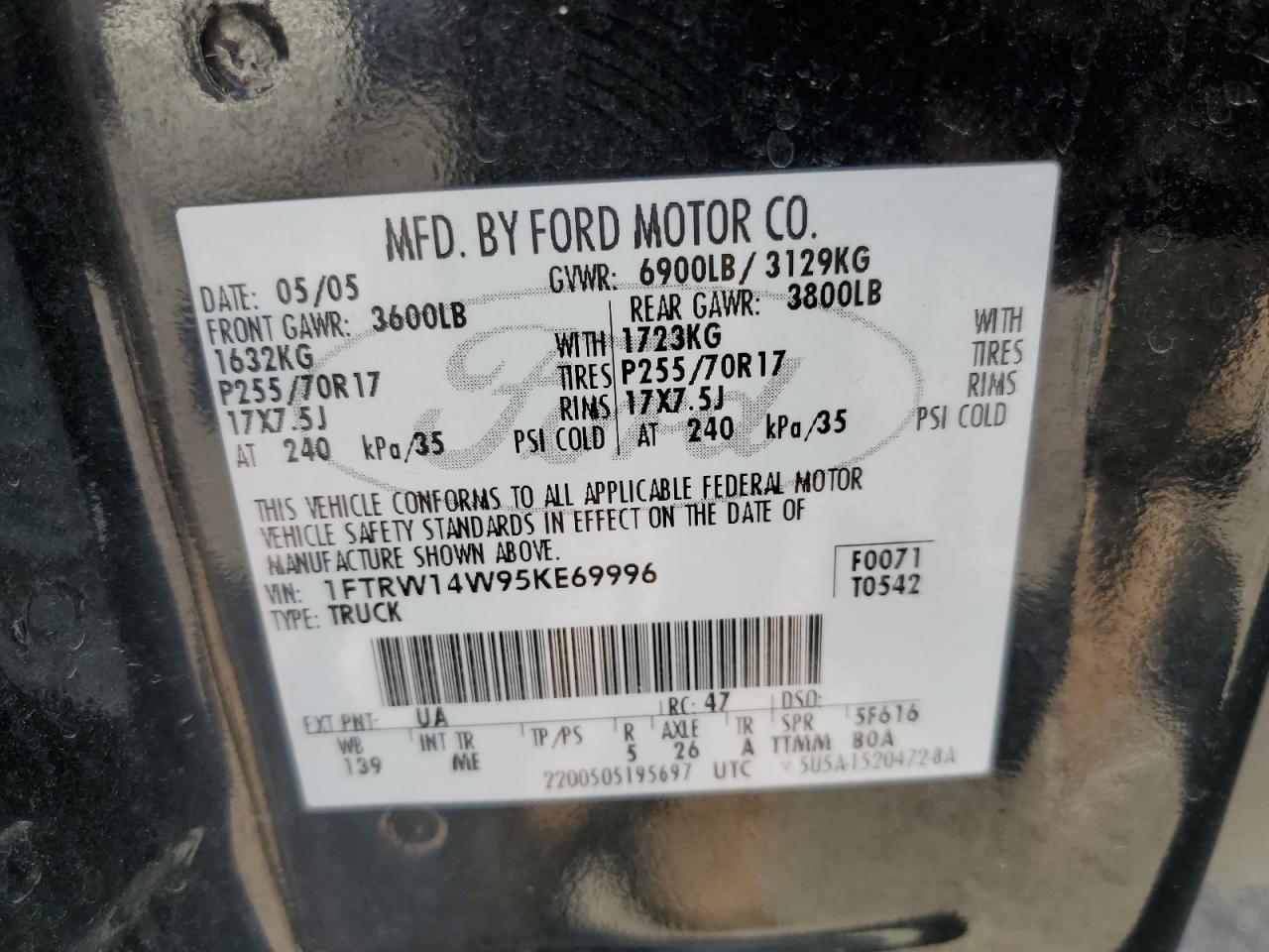 2005 Ford F150 Supercrew VIN: 1FTRW14W95KE69996 Lot: 81111205