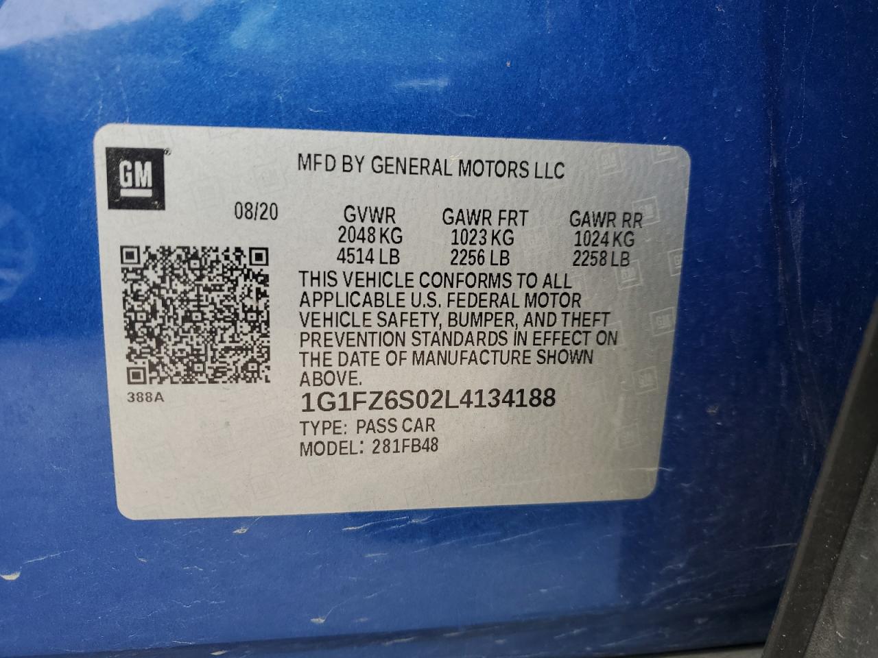 2020 Chevrolet Bolt Ev Premier VIN: 1G1FZ6S02L4134188 Lot: 71422505