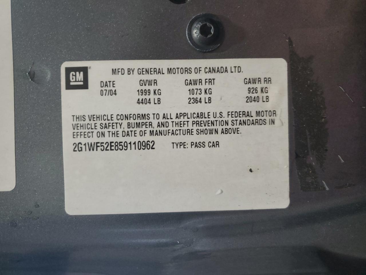 2005 Chevrolet Impala VIN: 2G1WF52E859110962 Lot: 82149285