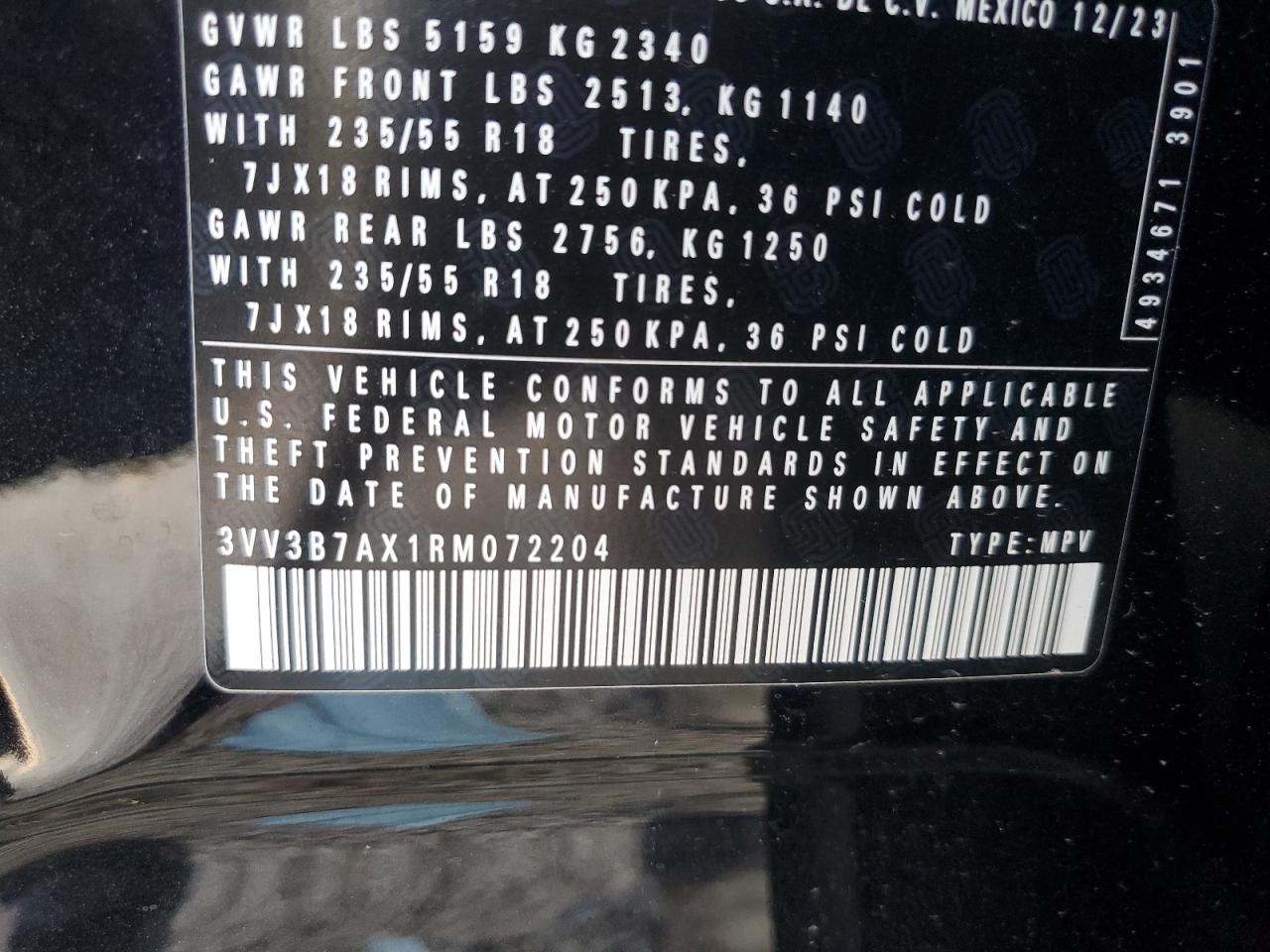 2024 Volkswagen Tiguan Se VIN: 3VV3B7AX1RM072204 Lot: 81747365