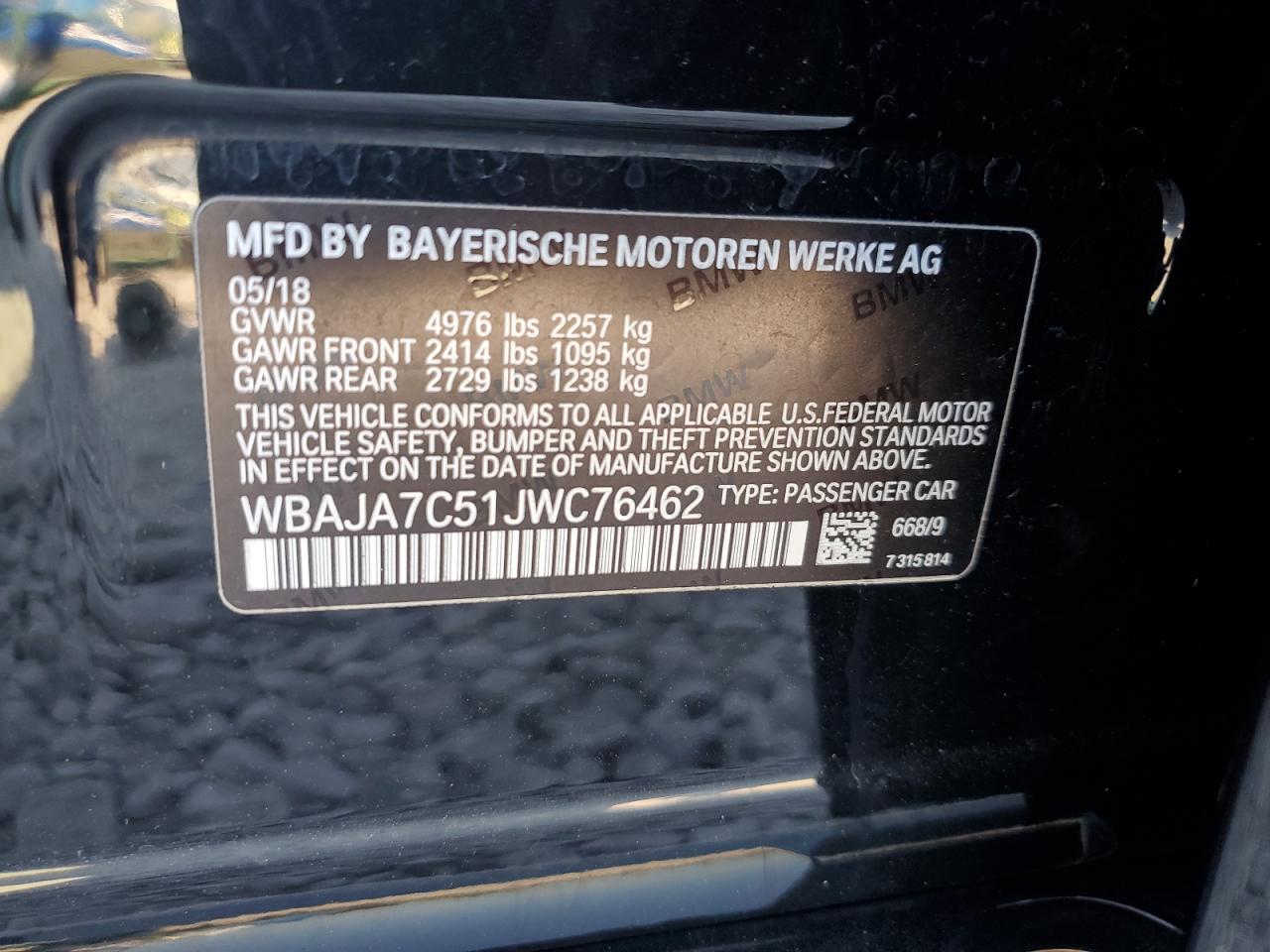 2018 BMW 530 Xi VIN: WBAJA7C51JWC76462 Lot: 85345805