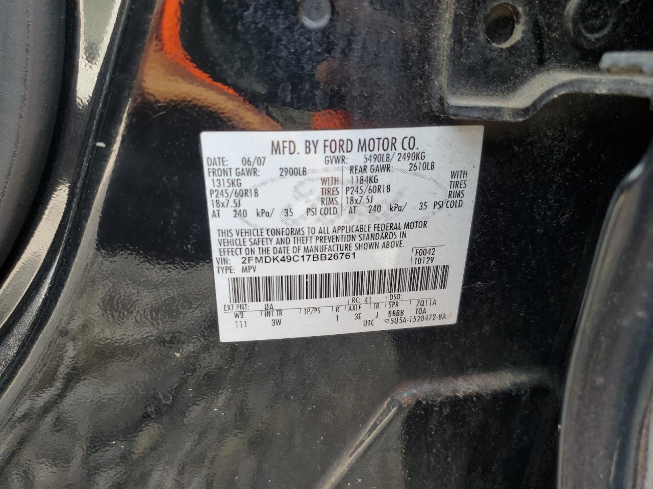 2007 Ford Edge Sel Plus VIN: 2FMDK49C17BB26761 Lot: 71593595