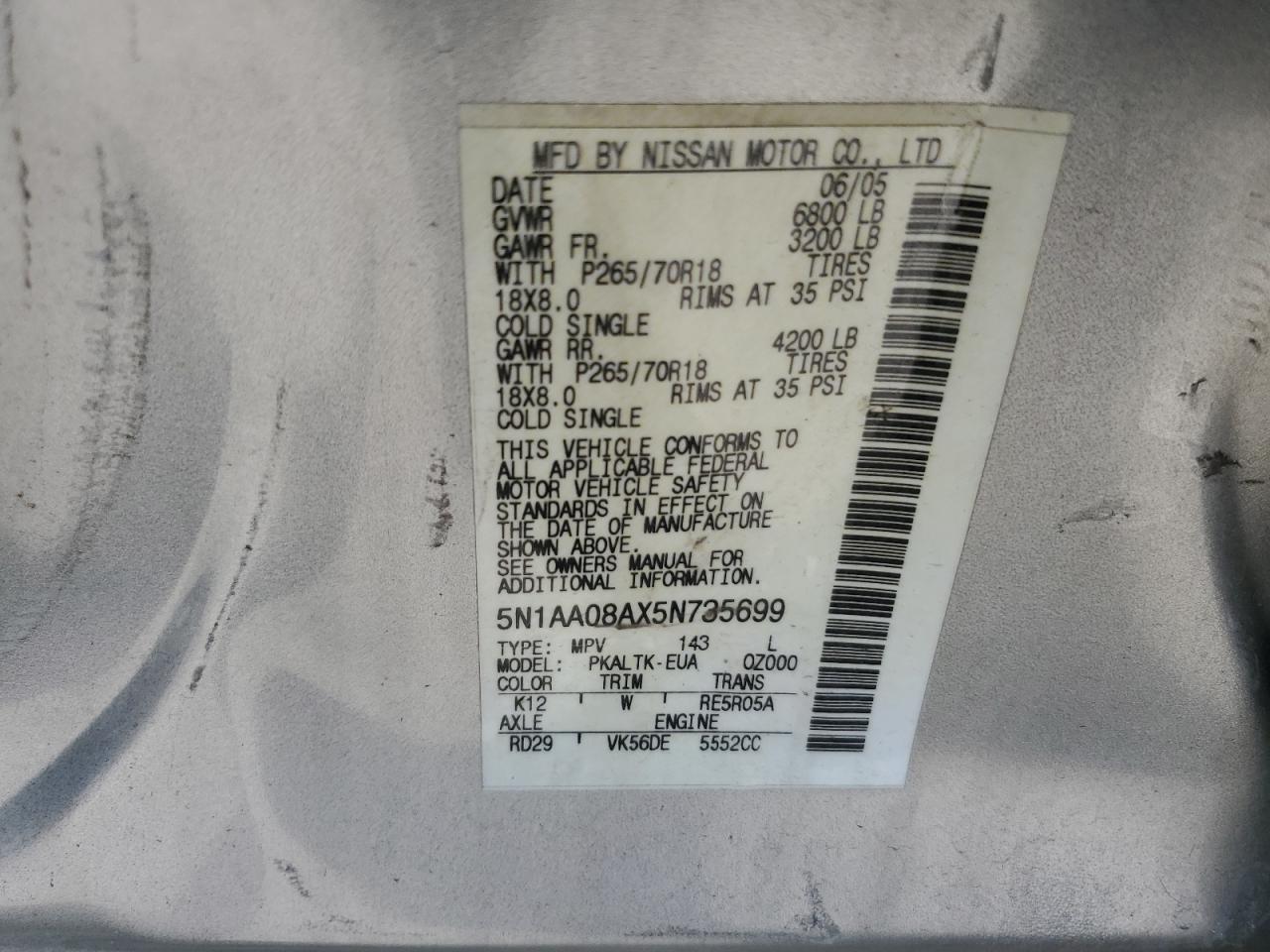 2005 Nissan Armada Se VIN: 5N1AA08AX5N735699 Lot: 71559125