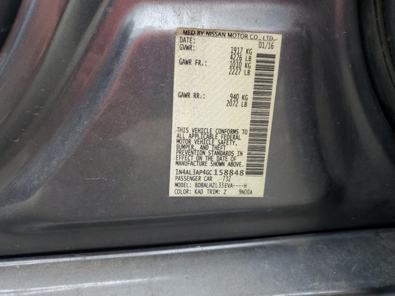 2016 Nissan Altima 2.5 VIN: 1N4AL3AP4GC158848 Lot: 81819055