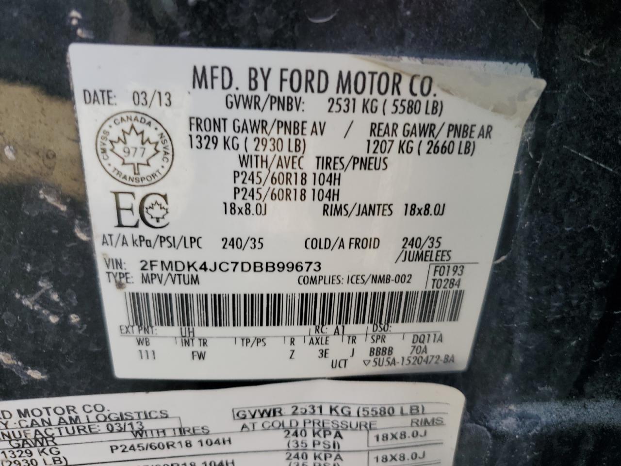 2013 Ford Edge Sel VIN: 2FMDK4JC7DBB99673 Lot: 84052145